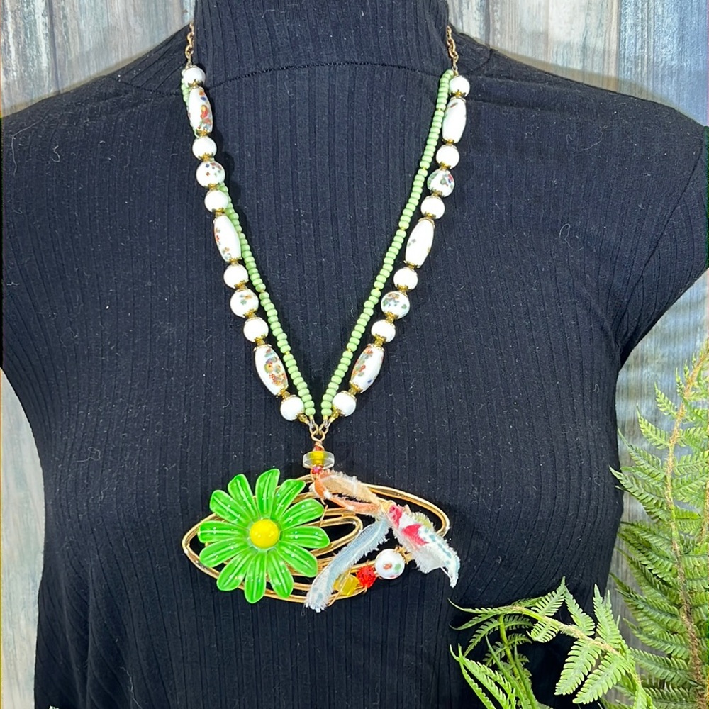 🌟Adorned Crown Jewelry Artisan Assemblage atomic green enamel flower necklace